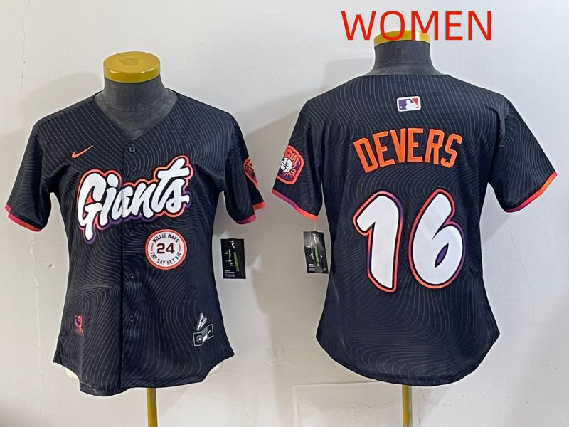 Women 2025 San Francisco Giants 16 Devers Black Joint Name Nike MLB Jersey style 06